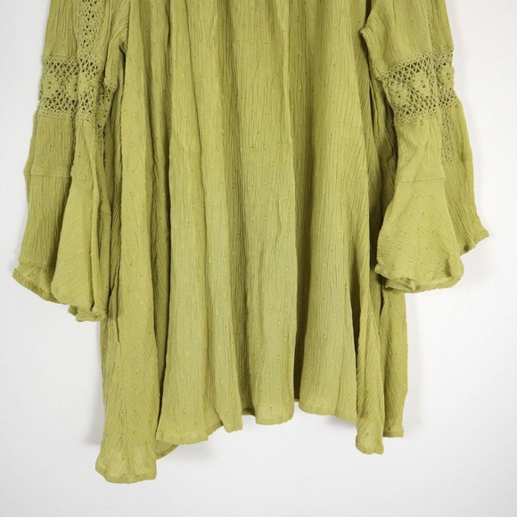 Free People XS Gauze Lace Lattice Neck Tunic Chartreuse Babydoll Bell Sleeve - Picture 7 of 11